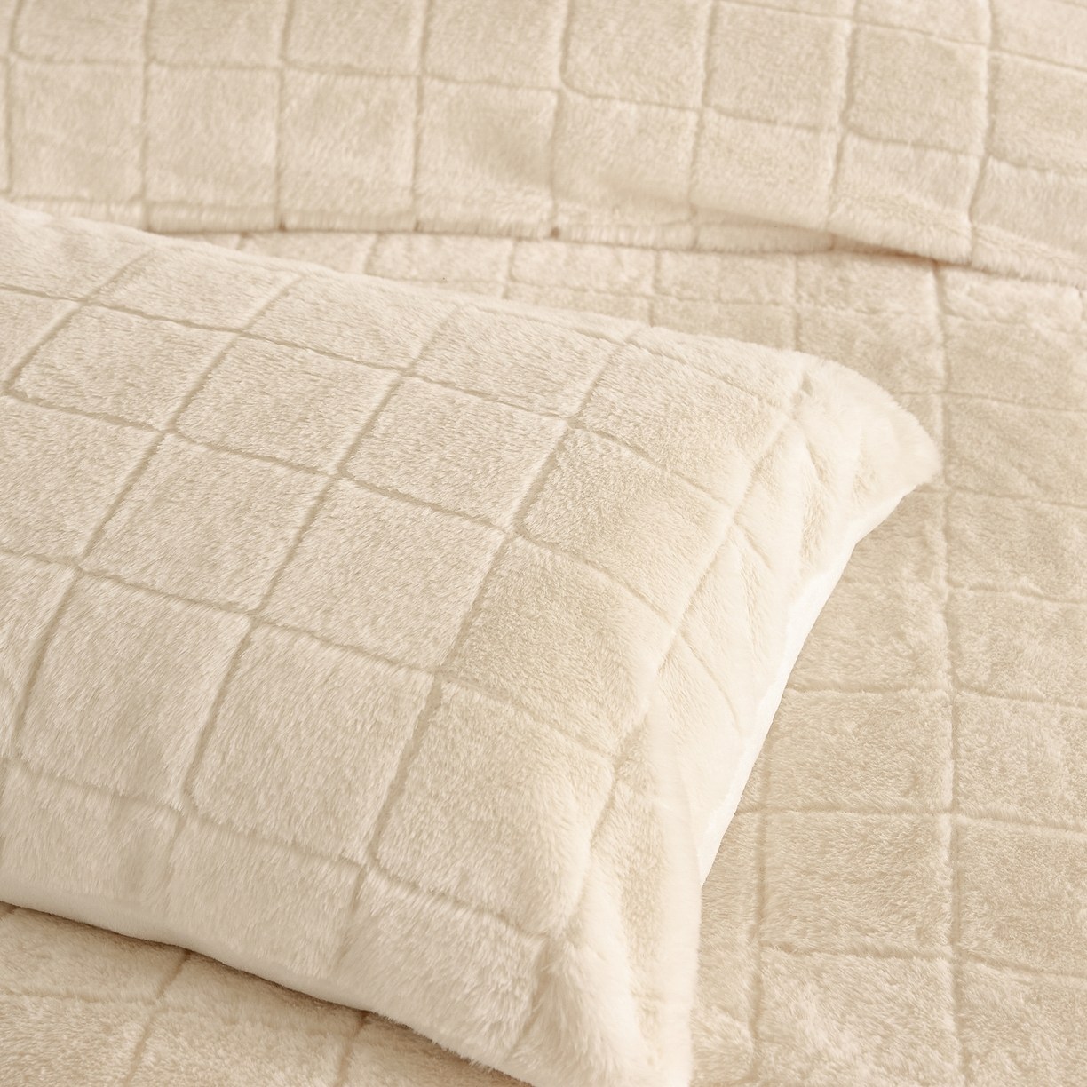 Rutete fuskekaninpels- og melkefløyelsdynesett – mykt jacquard-sengesett i 3 deler